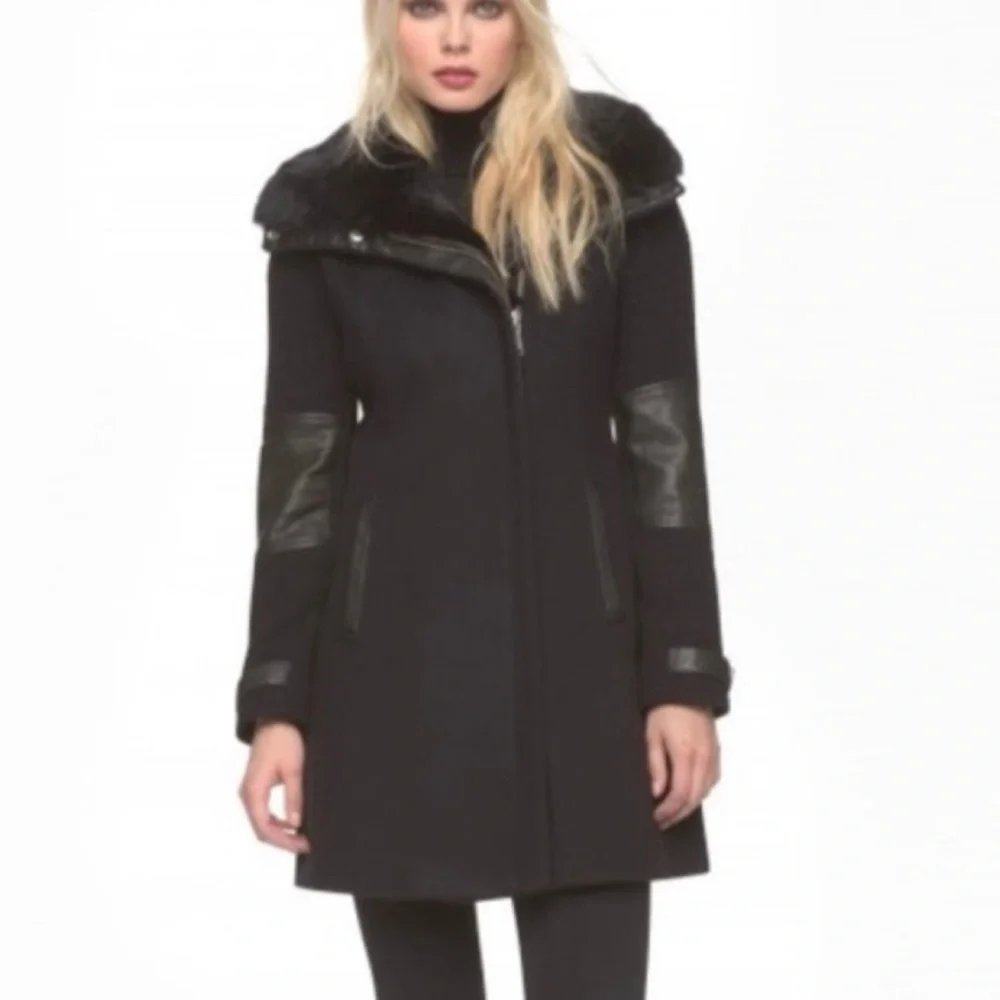 Andrew Marc Wool&Cashmere coat, leather trim, real fur collar, sz2, $695, NWOT - Picture 2 of 16